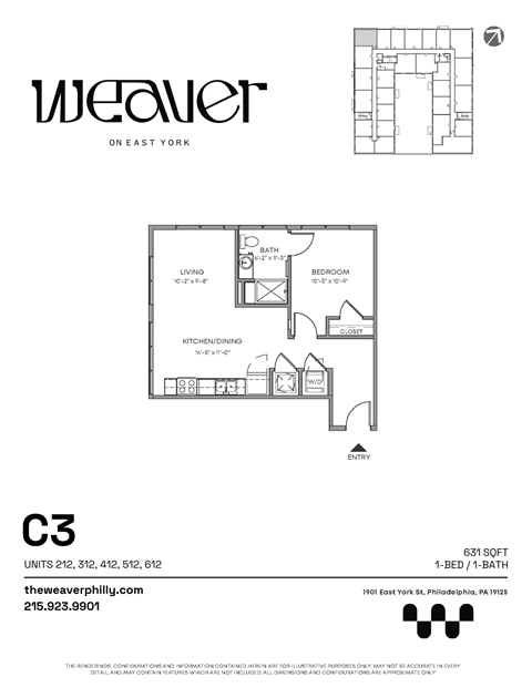 1Bed Floor Plan C3 at The Weaver, Philadelphia, 19125
